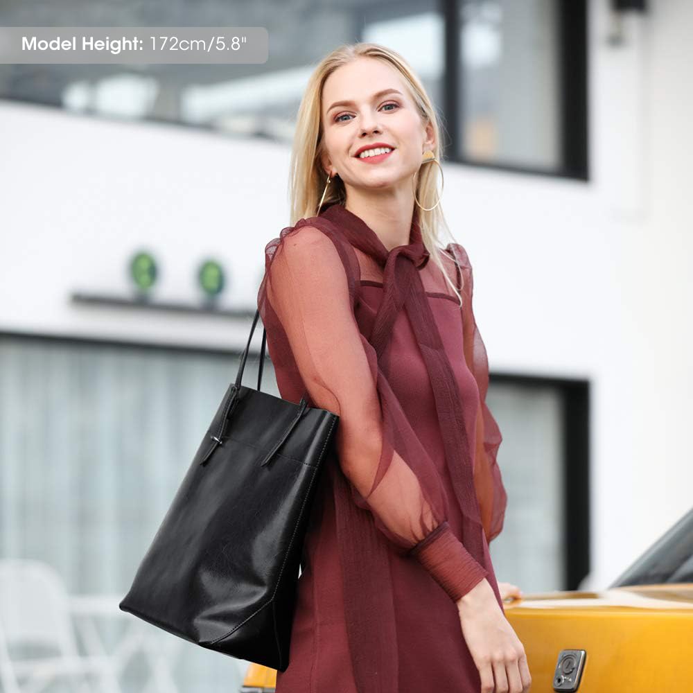 Kattee Vintage Genuine Leather Tote Shoulder Handbag for Woman with Adjustable Handles (Black)