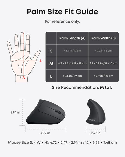 Anker 2.4G Wireless Vertical Ergonomic Optical Mouse for Work, Multi-Device Connectivity, 800/1200 /1600 DPI, 5 Buttons for Laptop, Desktop, PC, MacBook - Black