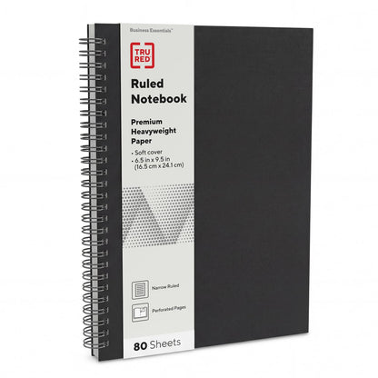 TRU RED Medium Soft Cover Meeting Notebook, Black – Ruled, Spiral Bound, 80 Sheets, Interior Pocket