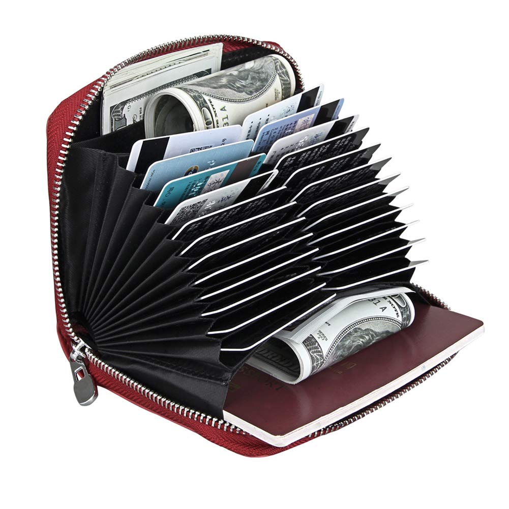 boshiho RFID Blocking 24 Slot Credit Card Holder Wallet Real Leather Multi Card Organizer Wallet with Zipper (red)