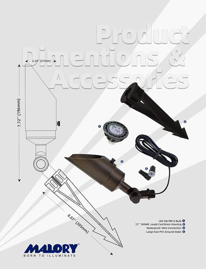 MALORY Brass Landscape Spotlight 4-Pack with MR16 Bulb Kit(S04), Low Voltage 12V AC/DC Shroud Adjustable Outside Yard Lights,PVC Ground Stake and Wire Connector Included, 5W 2700K Warm White
