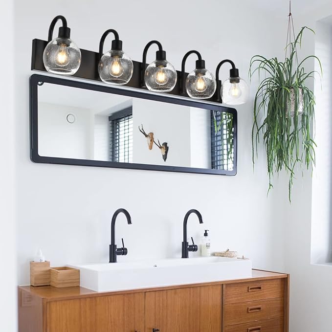 Bathroom Light Fixtures 5-Lights Matte Black Farmhouse Vanity Lighting with Seeded Globe Glass for Over Mirror
