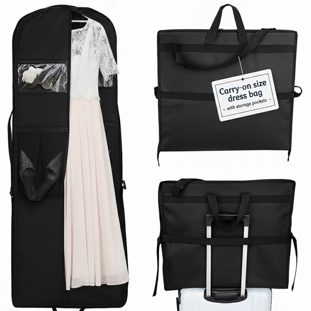 Wedding Dress Garment Bag 72" – Waterproof Trifold Travel Garment Bag for Bridal Gown with Shoulder Strap, Suitcase Sleeve & Accessory Pockets – Fits Full Skirts, Oxford Fabric, Carry Handle