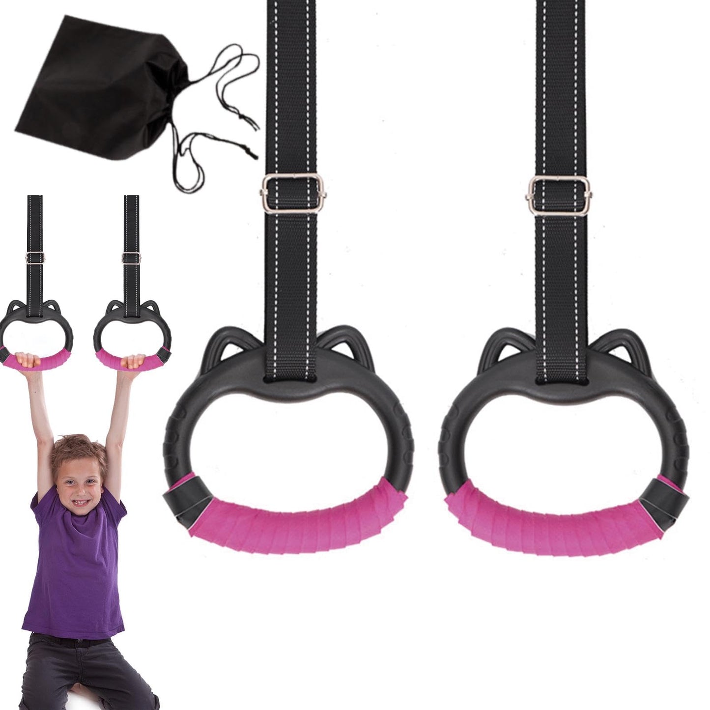 Londehuhai Gymnastics Rings Set, Professional Trapeze Bar Pull Up Rings with Straps Playground Home Gym Ring with Drawstring Bag for Physical Training(Color:Pink)