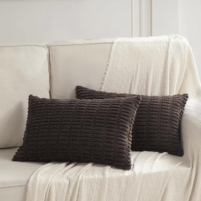 Fancy Homi Dark Brown Lumbar Decorative Throw Pillow Covers 12x20 Inch for Living Room Couch Bed Sofa, Rustic Farmhouse Boho Home Decor, Soft Striped Corduroy Rectangle Cushion Case 30x50 cm