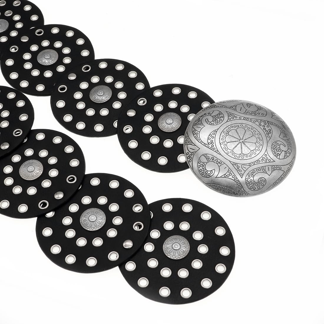 Heyjoin Hollow Wide Disc Belt for Women Out Round Leather Metal Buckle Belt Soft Durable Vintage Western Waist Belts (Silver Black A-XL)