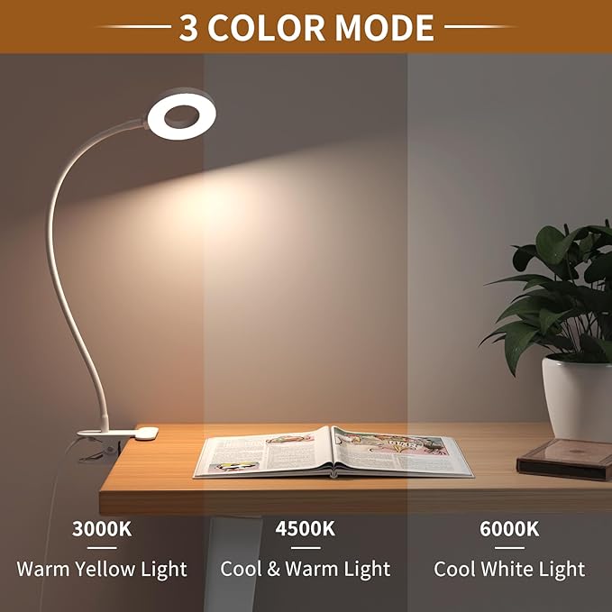 iZELL Reading Light, USB Clamp Lamp for Child Reading Book in Bed at Night, LED Small Desk Lamp with Adjustable Gooseneck Clip on Beside Table for Studying Working Drafting Sewing - 15.8‘’ White