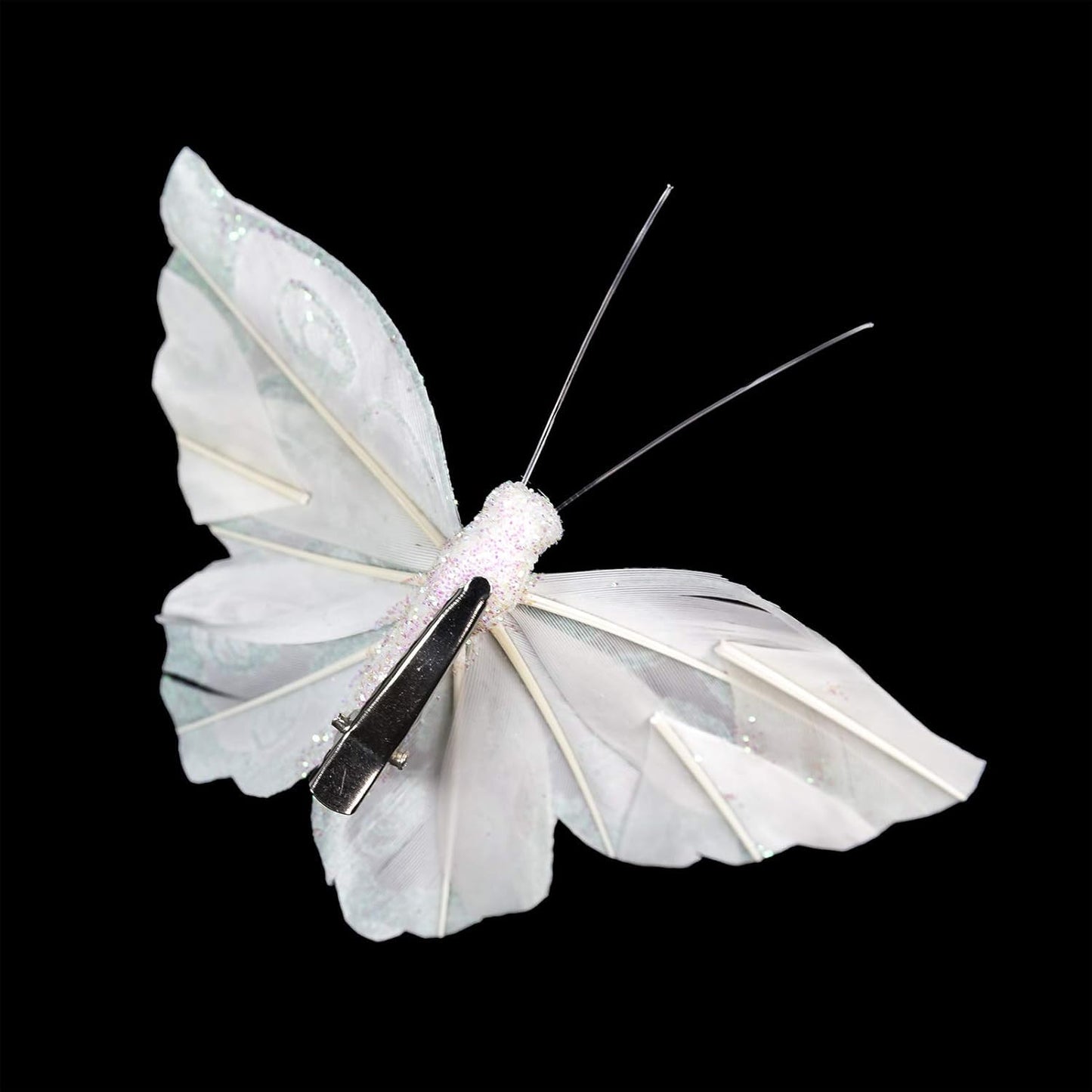 FEAGHYL-3" White Feather Butterfly Decorations with Wire Stem,Christmas Tree Ornaments, Set of 12 (C)