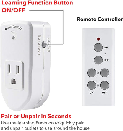 BN-LINK Wireless Remote Control Electrical Outlet Switch for Lights, Fans, Christmas Lights, Small Appliance, Long Range White 10A/1200W, 1 Remote + 1 Outlet