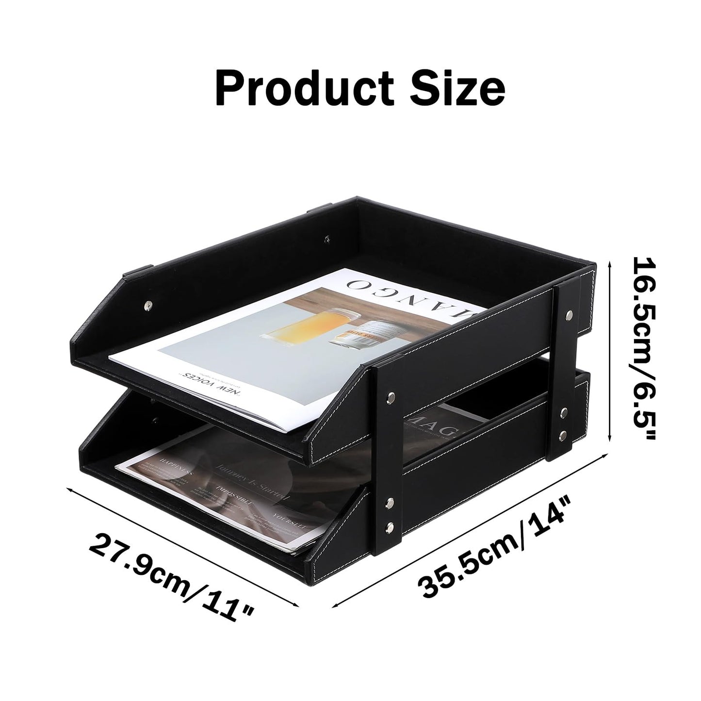 2-Tier Stackable Leather Desk Organizer, Letter Tray Holder for File, A4 Paper, Magazine & Stationery, Desktop Storage Box for Office & Home (Black)