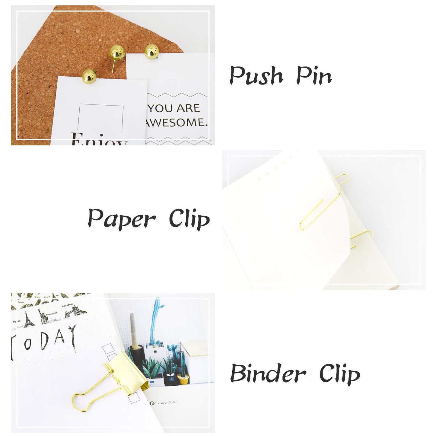 Gold Binder Paper Clips Set,182pcs Large Paper Clips,Binder Clips,Push pins, Office Supplies Clips for Women,Desk Accessory