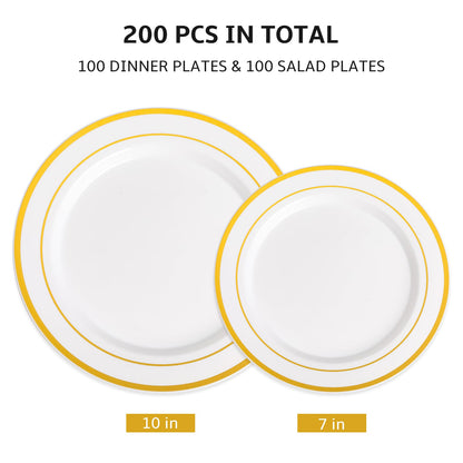 AOZITA 200 Pcs Gold Plastic Plates for Party, Heavy Duty Disposable Plastic Plates for Party, Holiday, Wedding, Thanksgiving and Birthday
