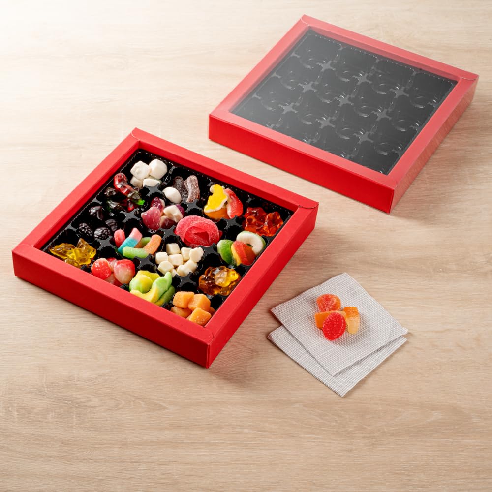 Restaurantware Sweet Vision 9.1 x 9.1 x 1.6 Inch Square Candy Boxes 10 Disposable Bakery Gift Boxes - 16 Compartments With Slidable Clear Lids Red Paper Boxes For Chocolate And Treats