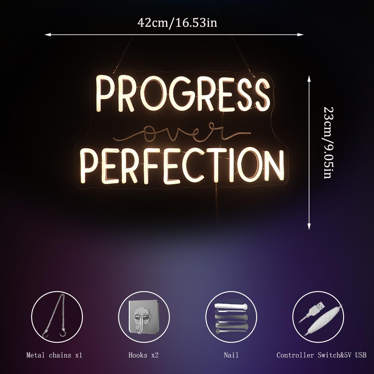 Progress Over Perfection Wall Hanging Neon Sign,Classroom Wall Decor Sign, Led Inspirational Office Decor Light, Teacher Gift, Decorative Neon Lights for Kids Room, Playroom Wall Decor (warm white)