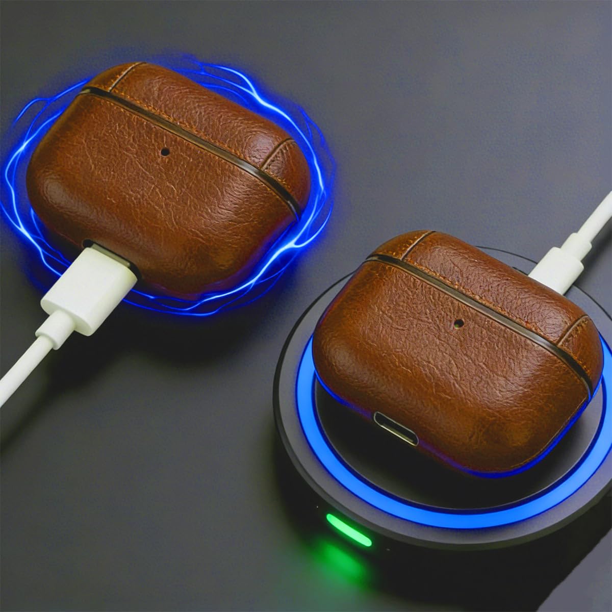 for Airpods 4 Case Leather with Keychain, Retro Leather Wireless Charging Protective Headphone Case Cover for Apple Airpods 4th Generation 2024 Front LED Visible for Man Women(Lightbrown)