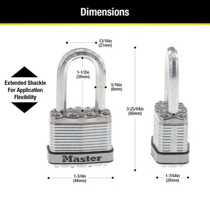 Master Lock Silver Magnum Outdoor Padlock with Key, Keyed Alike Gate Locks for Outdoor Fence or Shed with Long Shackle, 4 Pack, M1XQLFCCSEN