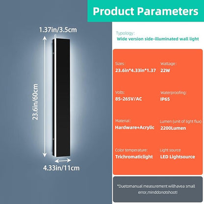 Upgrade Widened 2 Pack Outdoor Wall Light Fixture, 23.6inch Modern Long Linear LED Sconces, 3 Color 3000K/4500K/6000K, IP65 Waterproof, 24W, Exterior Lighting for House, Patio, Garage, Fence