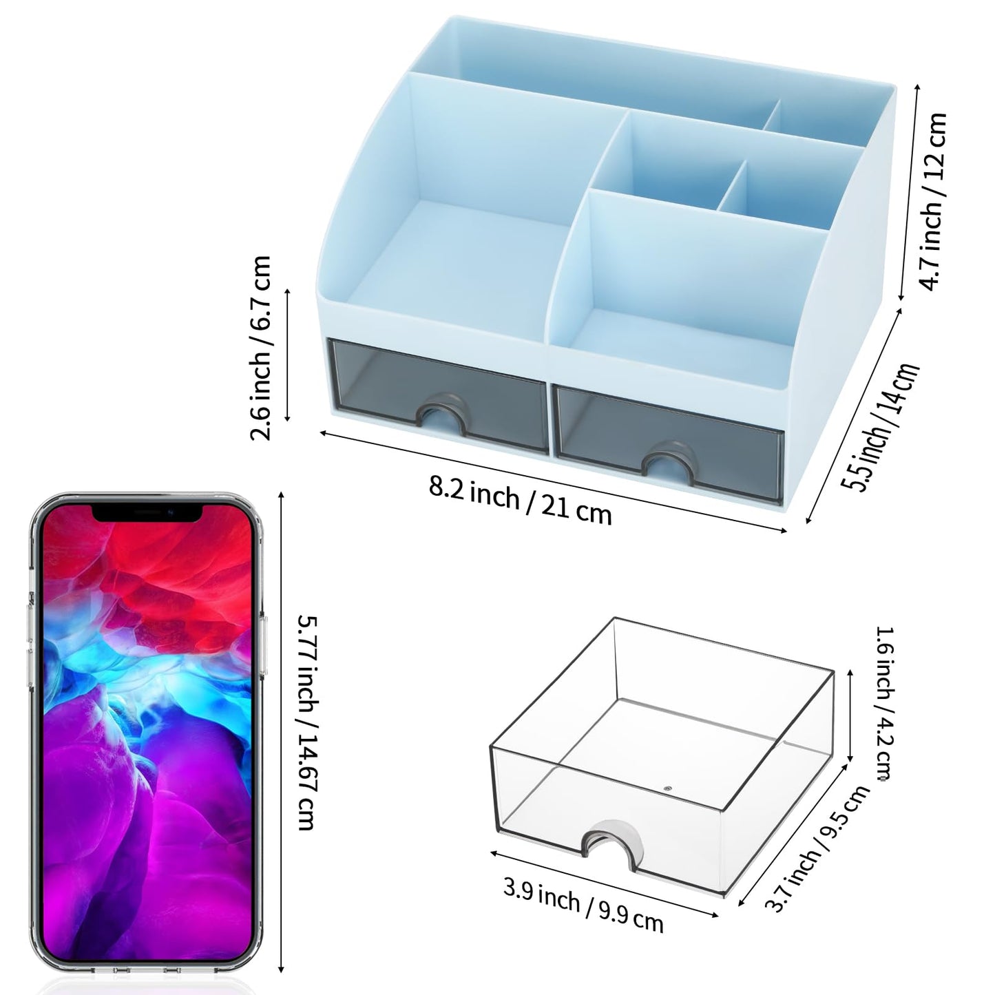 Office Desk Organizer with Drawers for Desktop/Tabletop/Counter, Desk Top Accessories Stationary Organizer Desk Caddy, Pen/Pencil/Business Card/Sticky Note Tray/Paperclip Holder Storage Box (Blue)