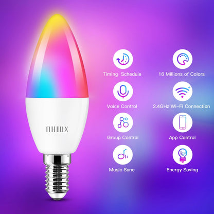 OHLUX 6 Pack E12 Smart Candelabra LED Light Bulbs, Color Changing Compatible with Google Alexa and Smart Life, 4W 40W Equivalent WiFi Candle Bulbs with Remote Control, Timer