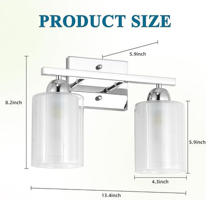 Stainless Steel Bathroom Vanity Light Over Mirror, 2 Light Polished Chrome Bathroom Light Fixtures with Milk Glass and Clear Glass Shades, Modern Vanity Lighting Wall Mount