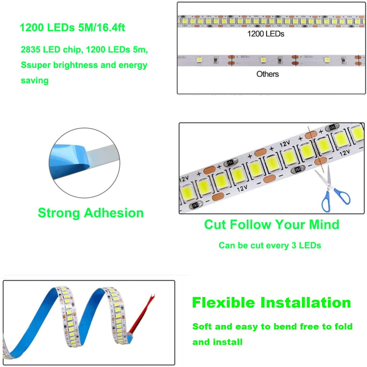 HAASHADA LED Strip Lights, DC12V 5m/16.4ft Dimmable 2835 LED Lights Strip, Super Bright 1200 LEDs 24000LM LED Ribbon Strip Lights Non-Waterproof, 2 Times Brightness Than SMD 5050 (Red)