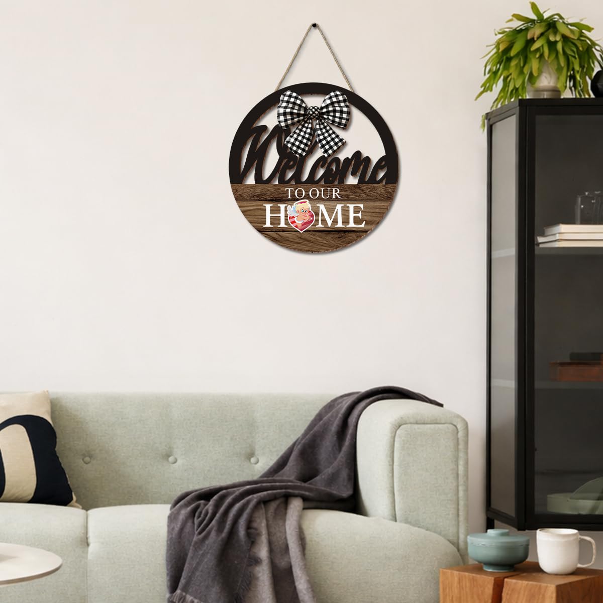 Interchangeable Seasonal Welcome to Our Home Hanging Sign - Farmhouse Front Door Decoration for Spring All Seasons Holidays - Rustic Round Wood Wreaths with 12 Icons(Brown)
