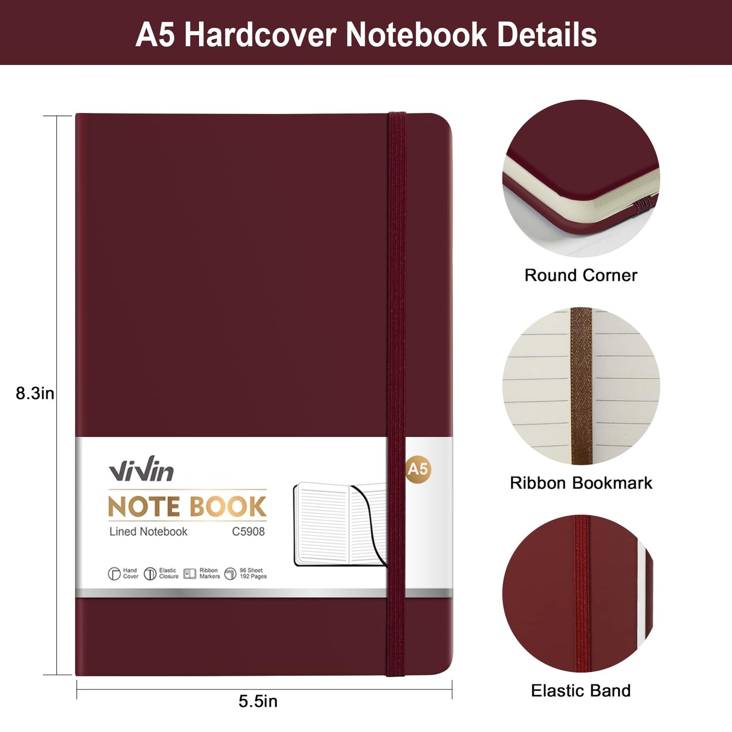 ViVin Lined Journal Notebooks for Work,192 Pages,5.5 x 8.3 inch,College Ruled,A5 Hardcover Journaling Notebooks for Writing,24 Pack Bulk