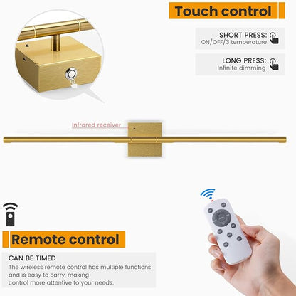 NIORSUN 35 Inch Battery Operated Wall Sconce Set of 2, 360° Rotation Gold Rechargeable Wall Lights with Detachable Tube and Remote, 3CCT Dimmable Wireless Wall Lamp for Living Room Bedroom Hallway