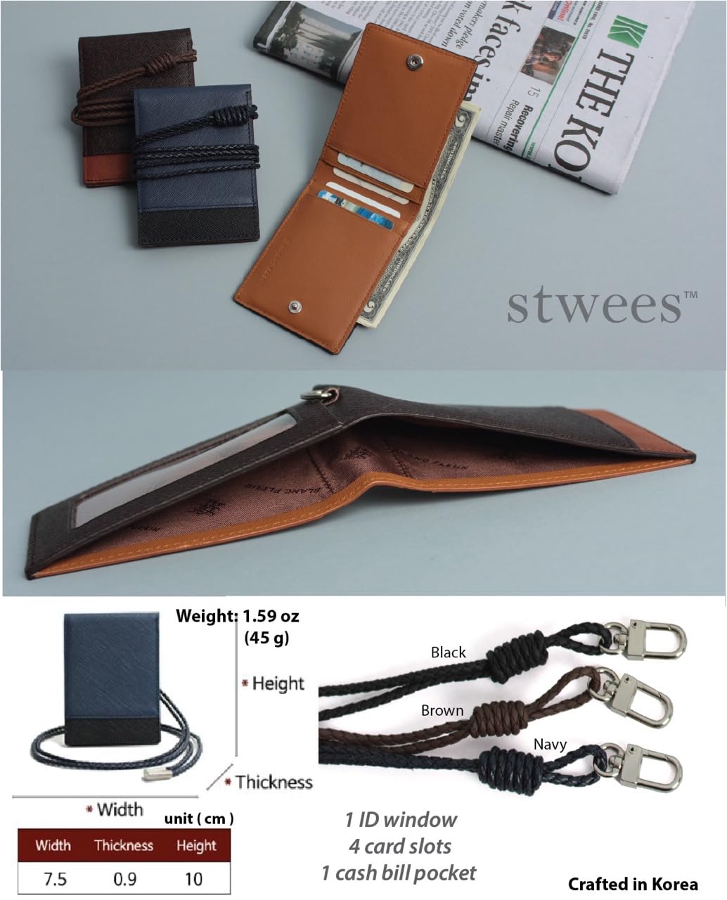 stwees Slim Leather Lanyard Wallet, Folding Card Holder with Snap Button, ID Badge Neck Wallet Set (Two-Tone, Brown)
