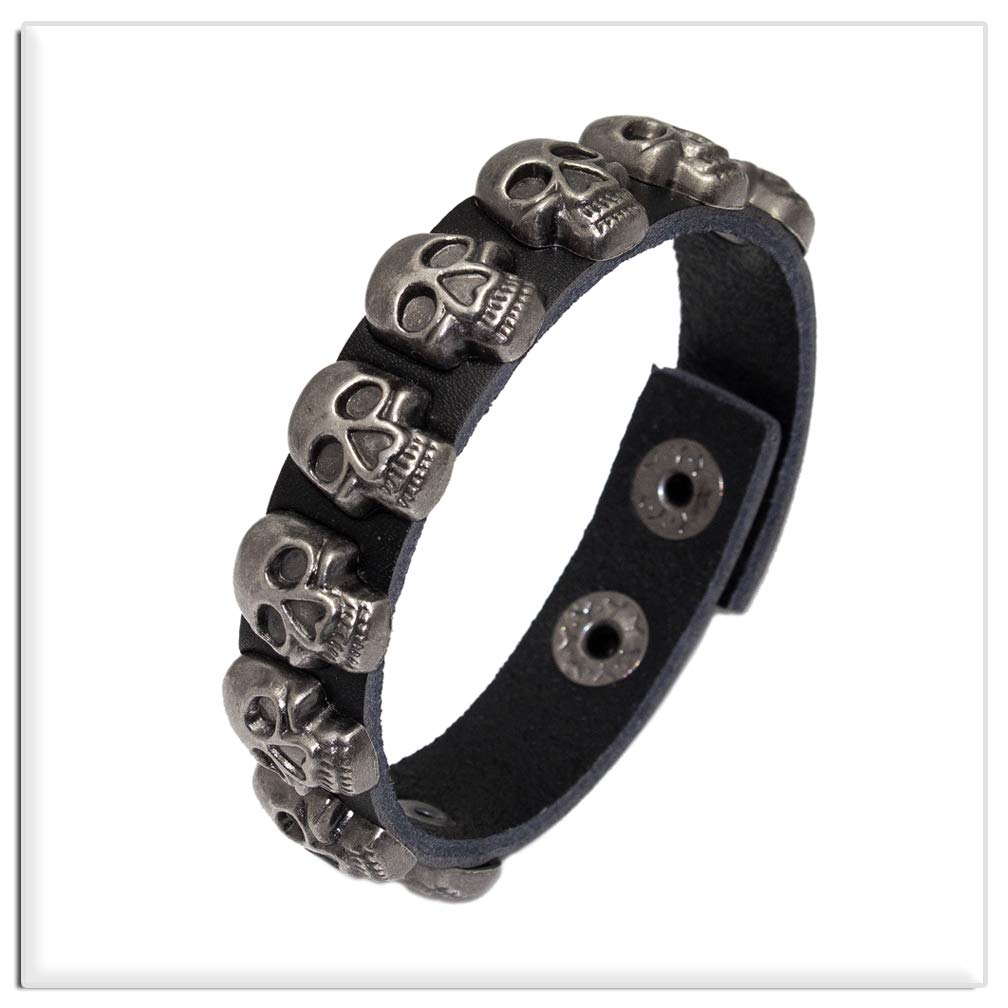 Xusamss Punk Rock Alloy Buckle Leather Wristband Skull Cuff Bracelet(Black Leather)