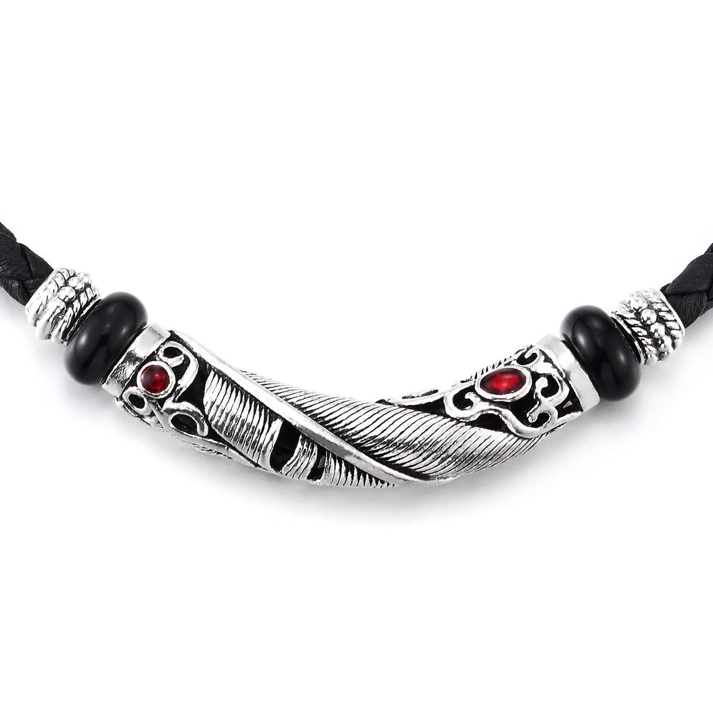 COOLSTEELANDBEYOND Black Braided Leather Necklace with Feather Pendant and Red Gem, Tribal Vintage, Mens Women