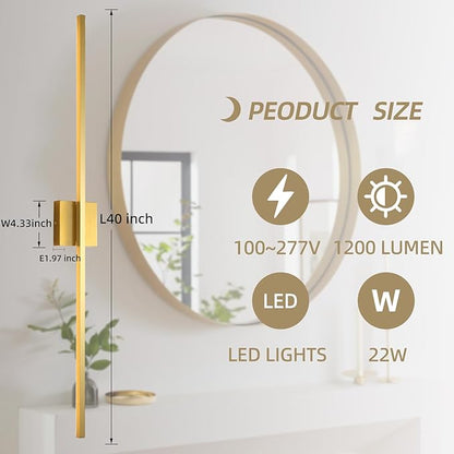 Wall Sconces Set of Two, LED Dimmable Sconces Wall Lighting, Brushed Gold Modern Wall Sconce Light for Bathroom, Living Room, Bedroom, Hardwied 3000K 40''