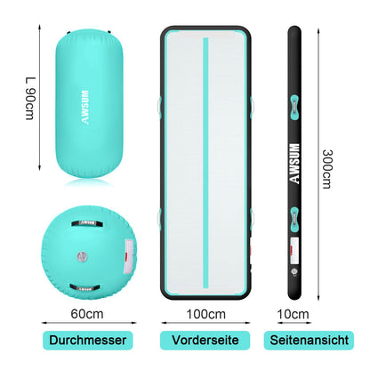 AWSUM 10ft Gymnastics Mat with Air Roller Tumbling Barrel Back Somersault Backbend Trainer for Inflatable Gymnastics Springboard Back Handspring Equipment, with Electric Pump