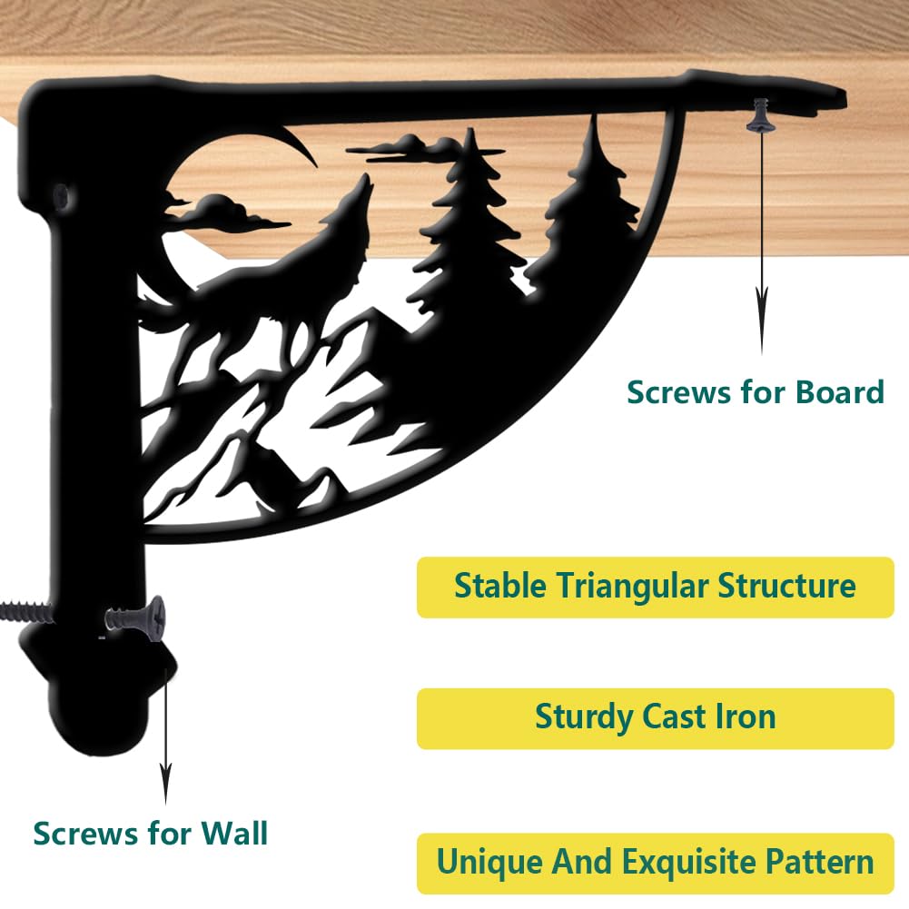 PRESSINART 2Pcs Ornamental Shelf Support Brackets 6.77 x 8.27 x 0.08 Inch Forest Shelf Brackets Black Wolf Tree Iron Wall Mount Ornate Right Angle Rustic Style Holder for Kitchen Bedroom Decoration