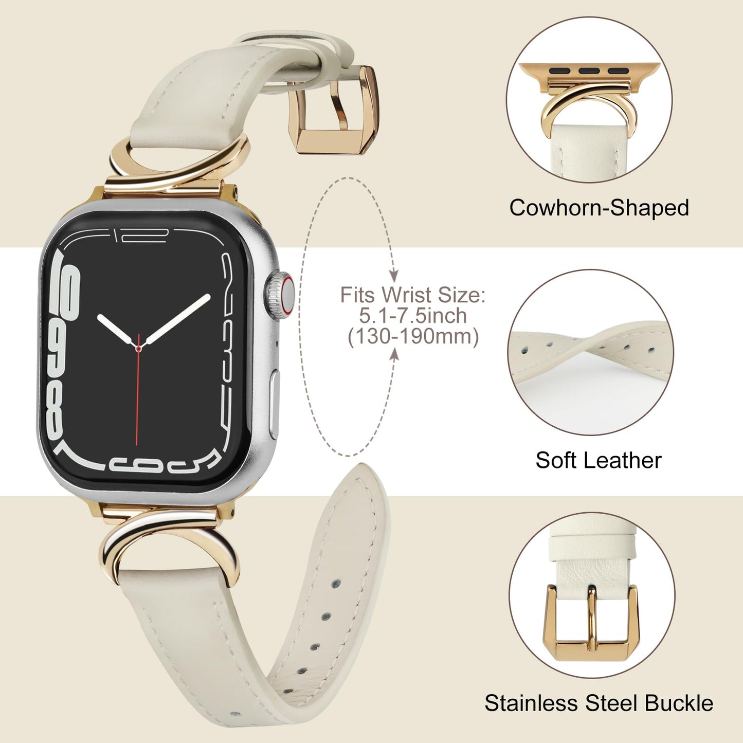 mxiixnai Leather Band Compatible with Apple Watch Bands for Women, Dressy Designer Strap with C-Shape Metal Buckle for iWatch Series 11/10/9/8/7/6/5/4/3/2/1/se(38mm 40mm 41mm 42mm,Starlight/Gold)