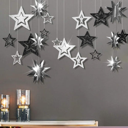 Cheerland Glitter Black Silver Party Decorations Star Garlands Starry Night Streamers Hanging Stars Birthday Twinkle Little Star Moon Decorations Graduation Halloween Wedding Bridal Ramadan NYE