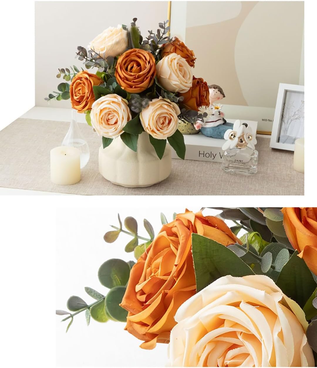NAWEIDA Silk Roses Artificial Flowers in Vase,Fake Flowers with Vase,Faux Flower Arrangement with Vase for Home Office Decoration, Dining Table Centerpiece