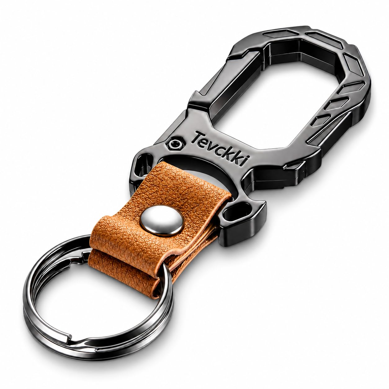 Tevckki Tactical leather keychains Carabiner Car Key Chains Bottle opener .Metal Clip Keychain with Anti-Lost 2 Key Rings Universal for men and women.(Brown)