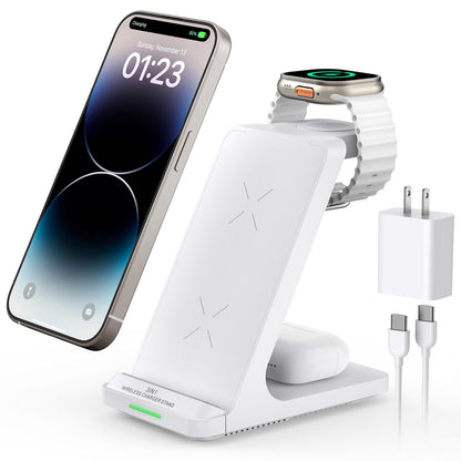 Wireless Charging Station, 3 in 1 Fast Wireless Charger Stand for Multiple Devices Apple Watch Ultra Series 10 9 8 7 6 SE 5 4 3 2, iPhone 16 15 14 13 12 11 Pro Max/Plus/Mini/X/XS/Max/XR/SE, Airpods