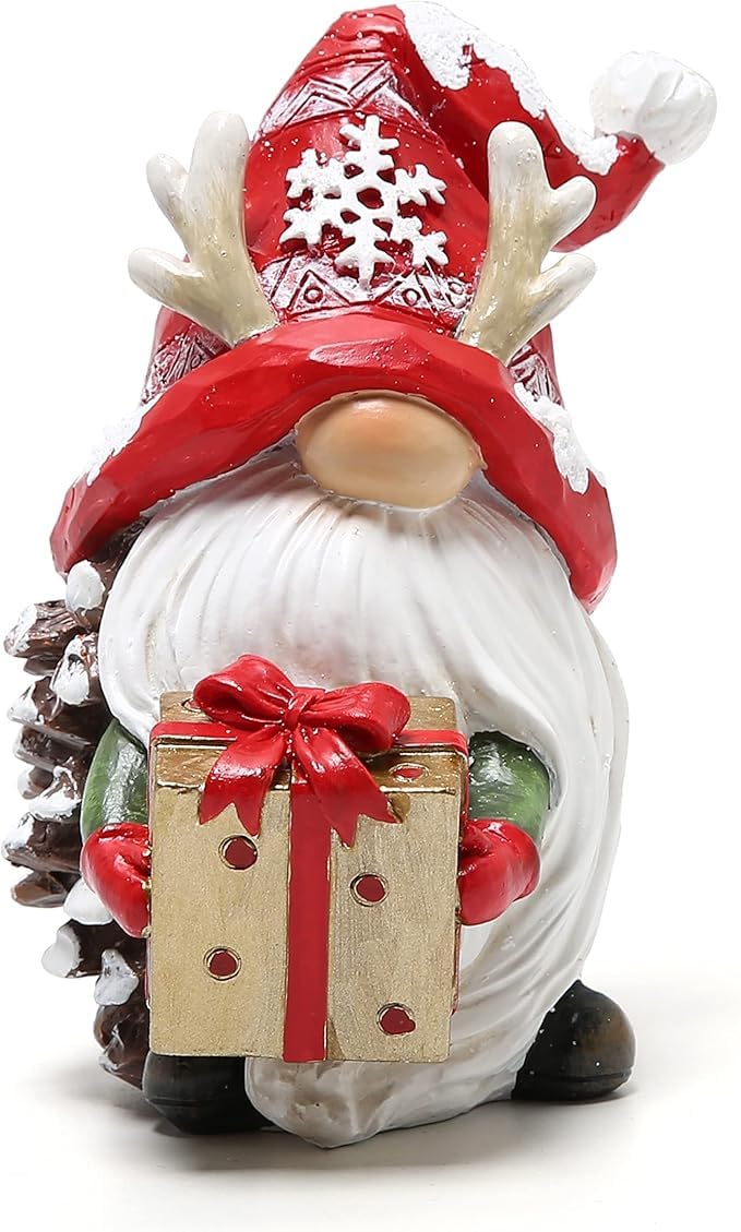 Hodao Christmas Gnomes Decor Resin Figurines with Red Hats and Snowflake Design, Cute Collectible Holiday Statue for Table Decor, Happy Xmas Gift to Celebrate Festive Home Centerpiece Decoration