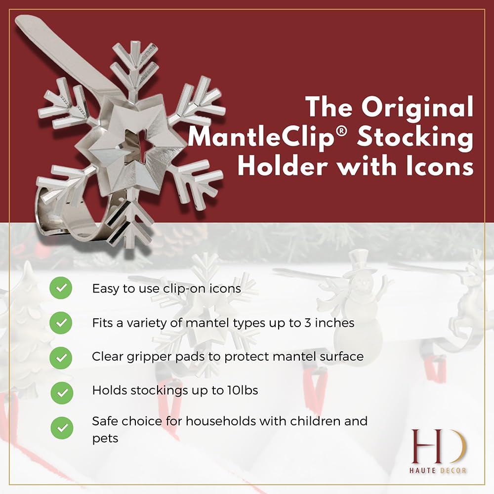Haute Decor MantleClip Stocking Holders with Removable ZINC Alloy Holiday Icons (2-Pack Snowflake, Black) - Christmas Stocking Hanger for Mantels up to 3 inches Thick