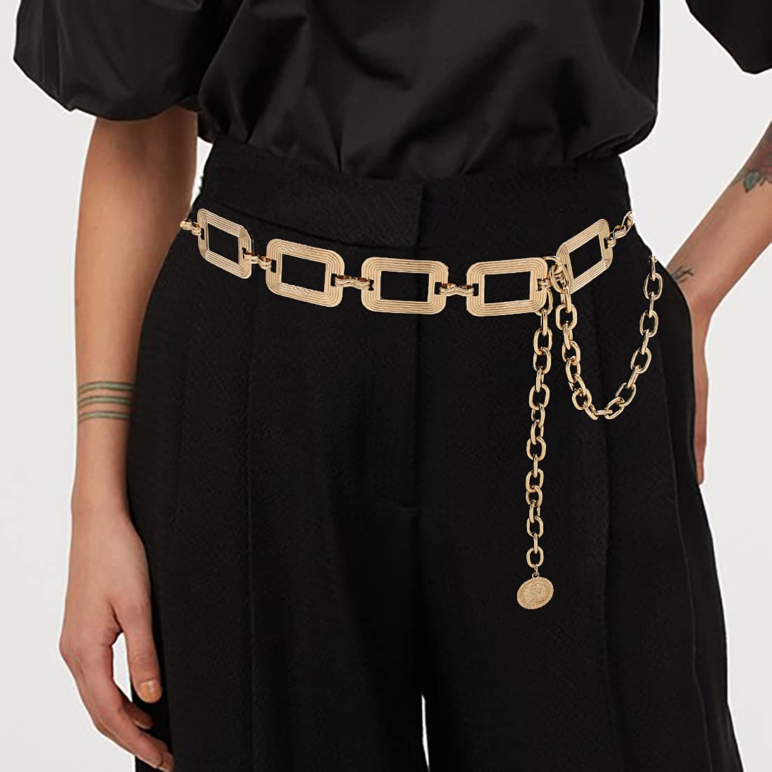HIQUACC Women's Metal Waist Chain Chunky Body Jewelry Belly Link Belt (Square Gold-L)
