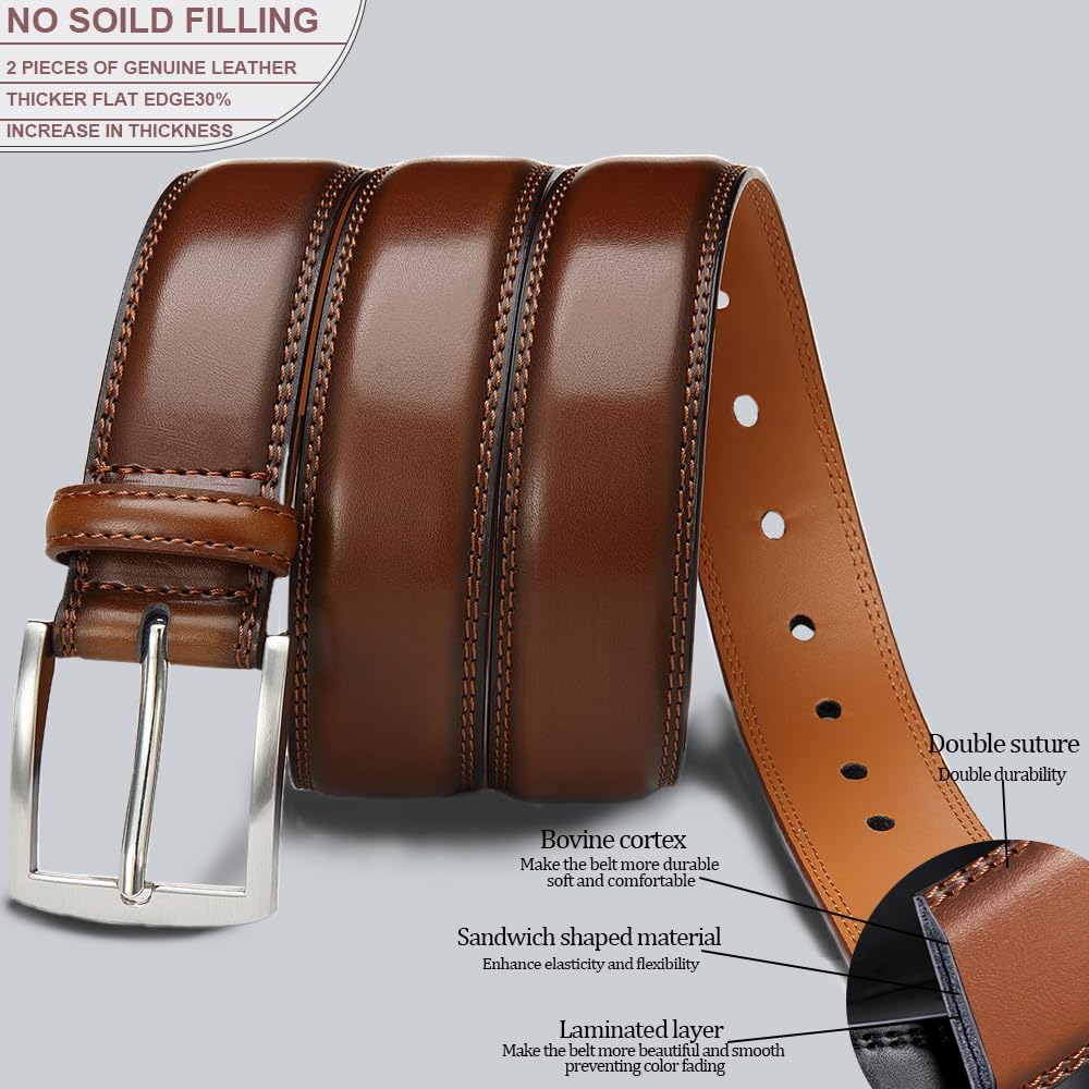 DOOPAI Men's Genuine Leather Dress Belt 2Pack - Handmade Classic Casual and Business Belt, 100% Cow Leather Prong Buckle,