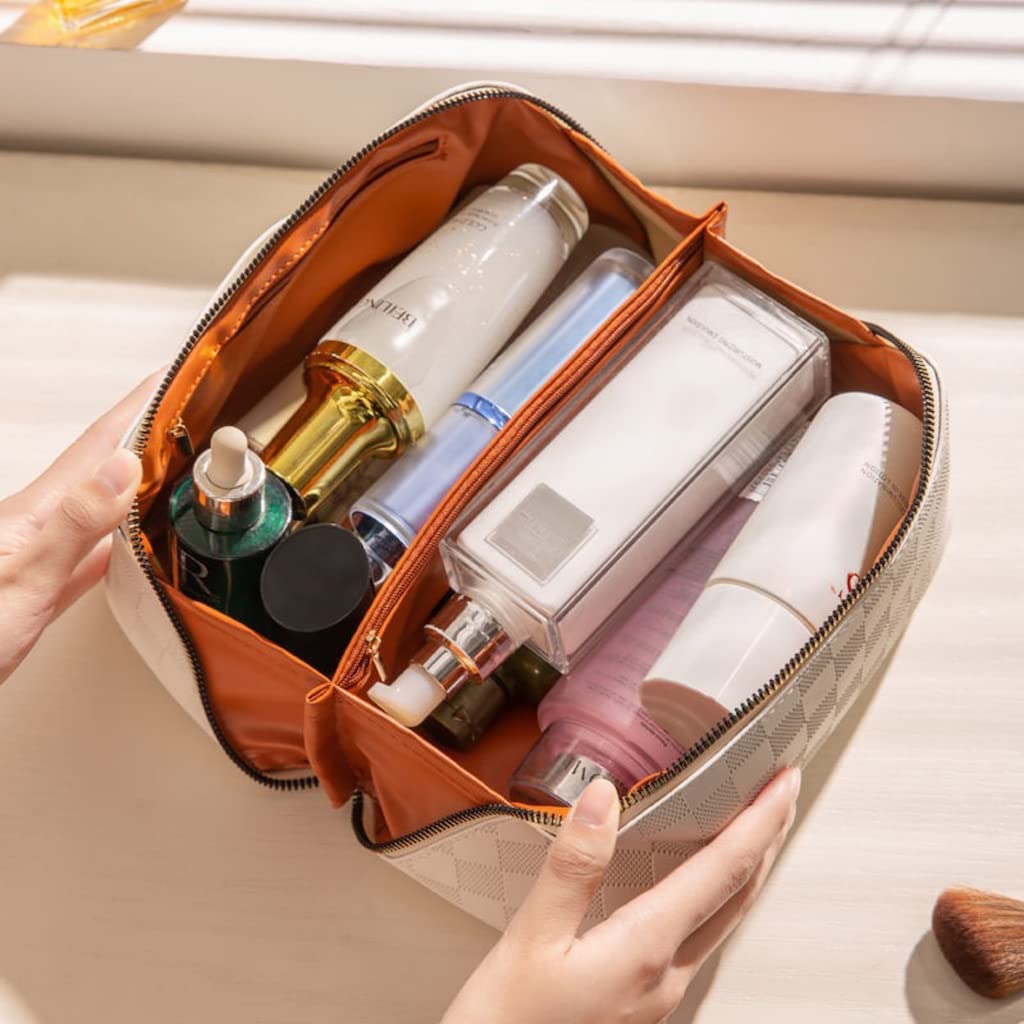 BIVIZKU Checkered Makeup Bag,180° Flat Open Cosmetic Bag for Women,Large Capacity Travel Toiletry Bag with Brush Pouch,Waterproof PU Leather Make Up Organizer for Skincare & Makeup (white-checkered)