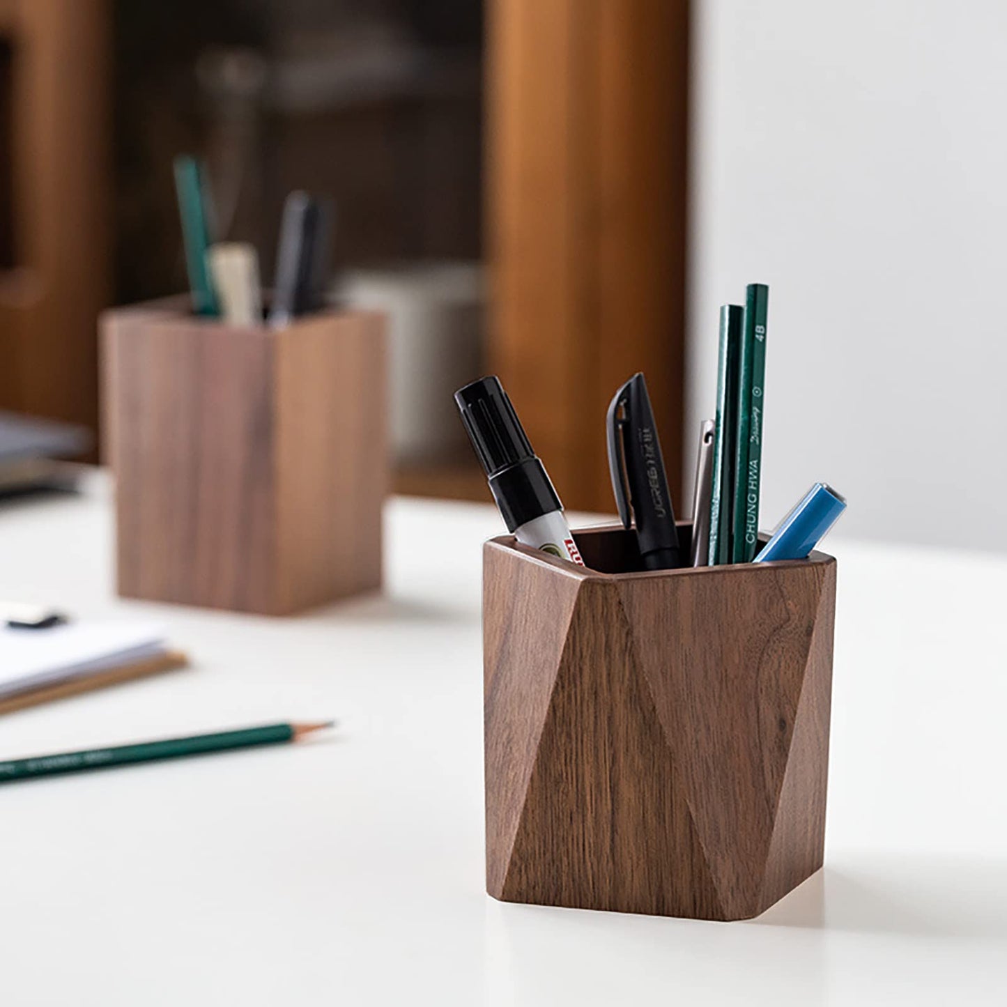 Soseelnee Black Walnut Wooden Pencil Box, Multiple-Use Desk Writing Stationary Organizer Wood Pen Holder Cups Office School Supplies Storage (Square Shape)