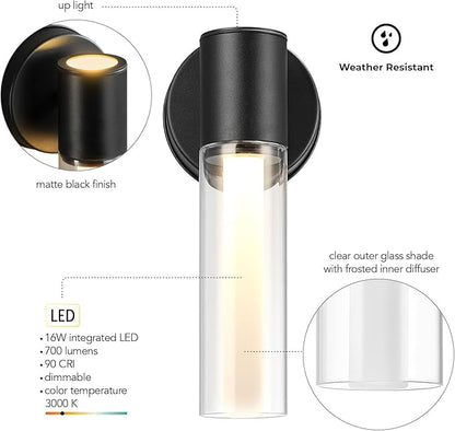 GLOBE Electric 60000127 16-Watt LED Integrated Outdoor Wall Sconce, Matte Black, Clear Outer Glass Shade, Frosted Inner Tube, Up/Down Light Direction, 700 Lumens, 3000 Kelvin, 90 CRI, Dimmable