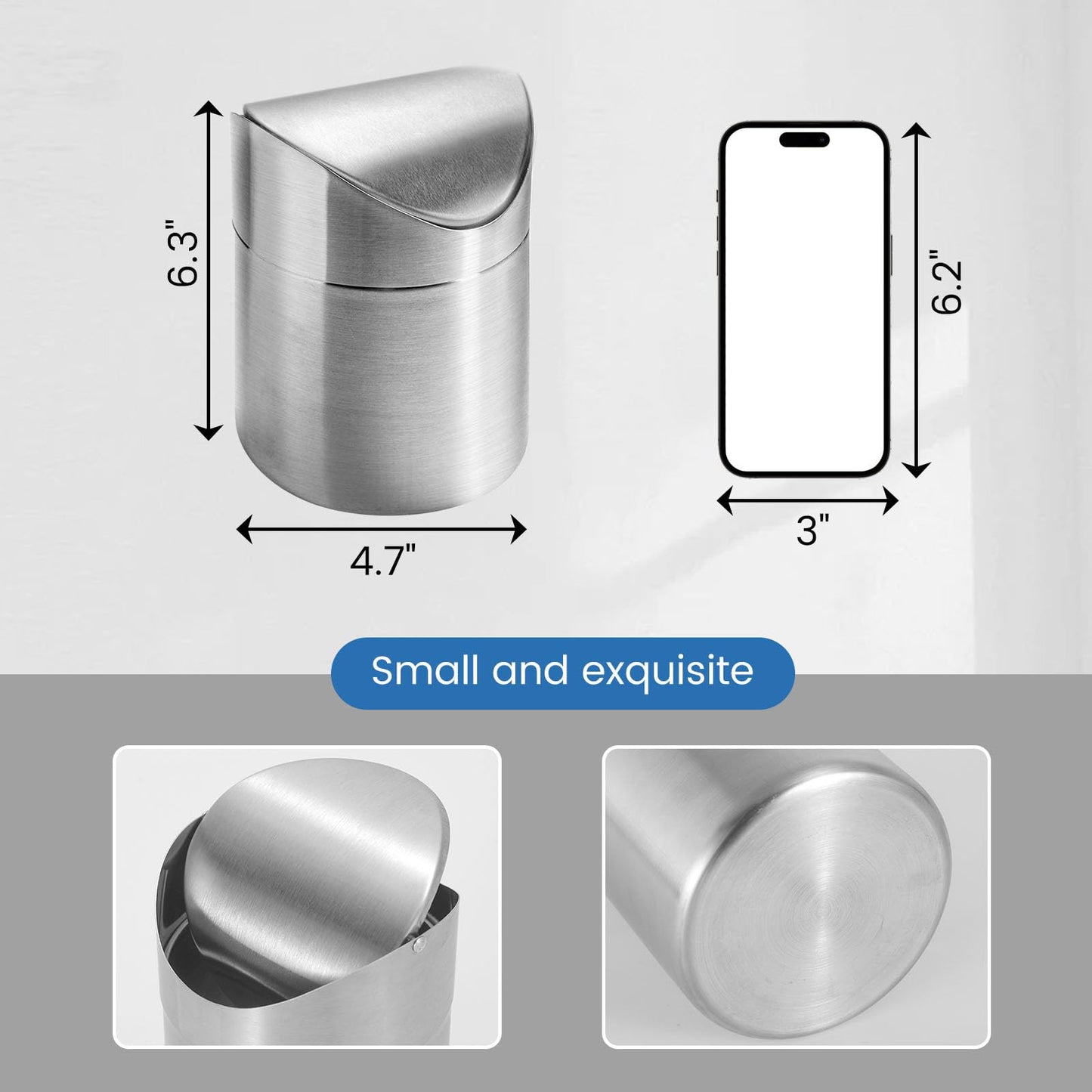 LOVEINUSA Mini Trash Can with Lid, 1.5L Small Garbage Bin Brushed Stainless Steel Desk Trash Can for Bathroom, Office, Kitchen, Coffee Table, and Countertop Use
