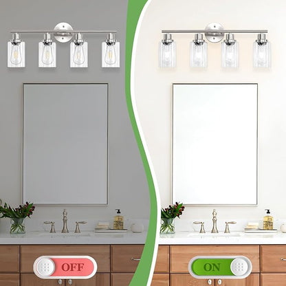 4-Light Nickel Bathroom Light Fixtures, E26 Modern Vanity Lights for Bathroom with Clear Glass Shade, Wall Lamps for Mirror Hallway Kitchen Cabinet Living Room Sconces Lights