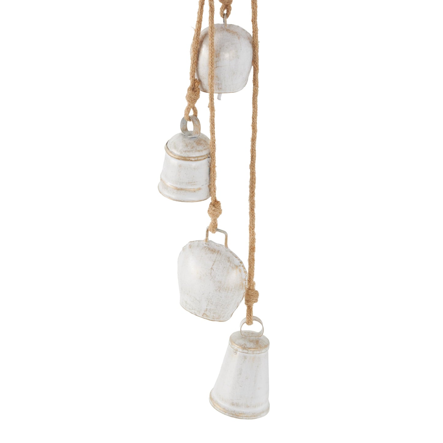 Deco 79 Metal Indoor Outdoor Decorative Bells Tibetan Inspired Cascading Meditation Bell with 5 Bells on Jute Hanging Rope, Cow Bell 3" x 3" x 28", White