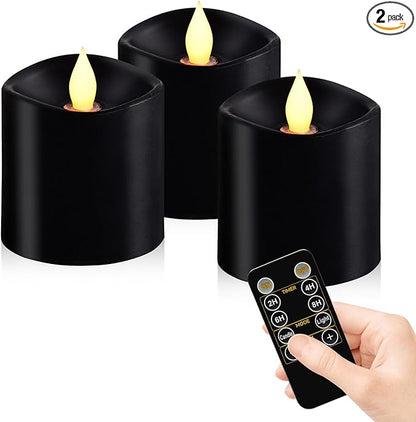 3inch Black Pillar Flameless Candles - 3D Flickering, Remote Timer, Battery Operated, 600+ Hours, Halloween & Gothic Themed Decor (Black, 3"*3"-3pcs)